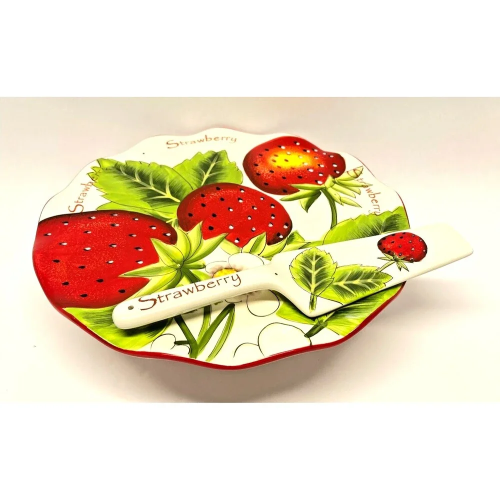 Pier 1 Imports Strawberry 11” Ceramic Cake Stand & 9.5” Server Hand Painted-Excl